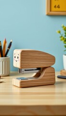 Adorable Light Brown Wooden Stapler with Cute Face on Wooden Desk