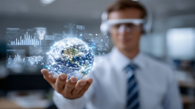 Man in business attire with digital headset holds a glowing bulb with continents inside, surrounded by AR business dashboards and AI integration icons, set in a high-tech environme - Powered by Adobe