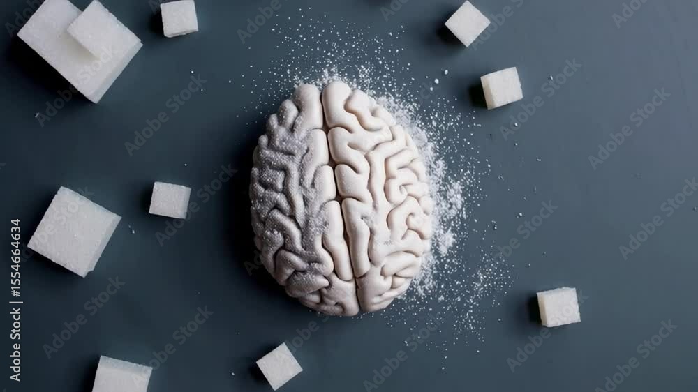 Poster neuroscience model depicting human brain surface dusted with powdered, cubed sugar against neutral b