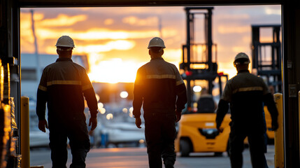 Silhouetted industrial workers framed by the massive doorway of a sunrise-lit storage facility, mist rising in the morning light, forklifts and pallets barely visible in the backgr