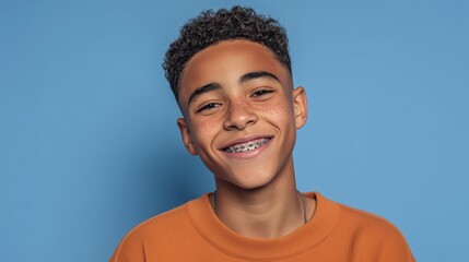 Smiling teenager with braces shows cheerful expression against a plain blue background