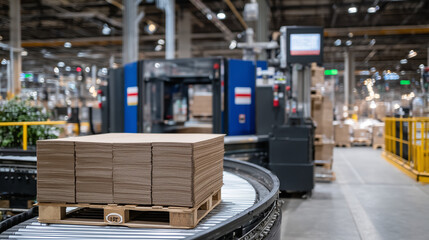 Fototapeta premium A high-tech paper cardboard manufacturing facility, robotic arms and conveyor belts work in perfect rhythm, stacks of cut cardboard forming neat piles near large rotating cylinders
