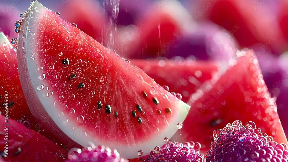 Poster close-up of fresh watermelon slices covered with sparkling ice crystals and water droplets, creating