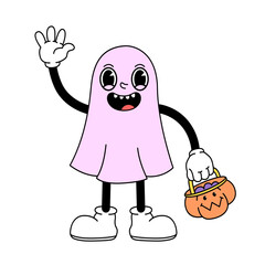A ghost with a pumpkin with sweets in a cartoon retro groove style isolated on a white background. Halloween character. Vector illustration