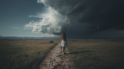 Symbolic journey from trauma to healing through resilience and personal growth in a dramatic landscape