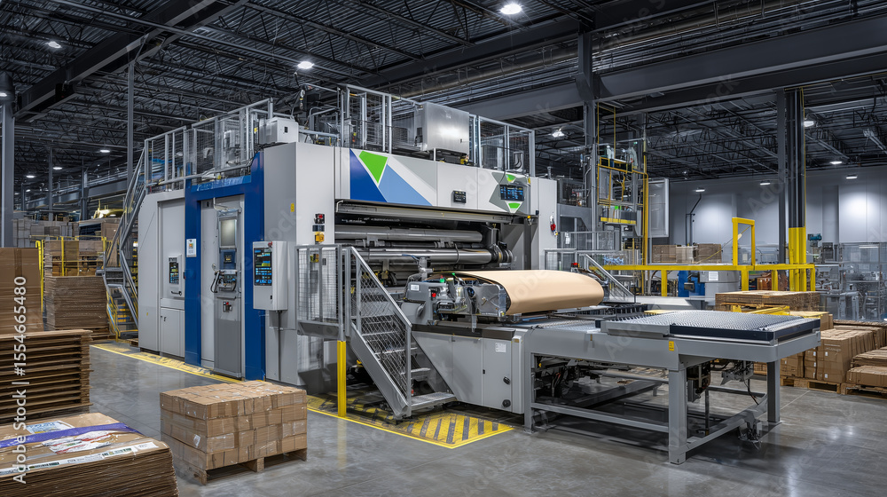 Poster high-resolution image of industrial-scale paper processing line, with massive rotary drums, hydrauli