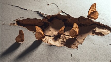 Symbolic journey of butterflies emerging from a cracked wall representing trauma and healing