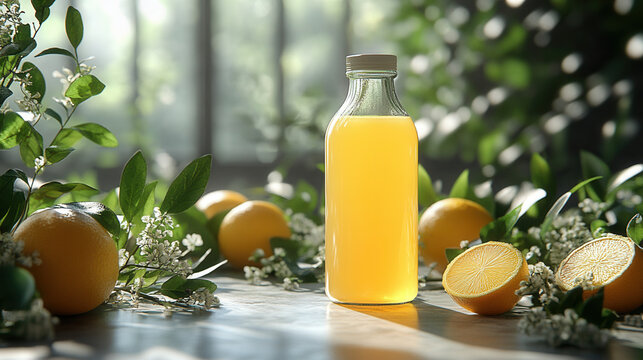 clean label juice bottle on neutral linen background with botanical touch, minimal organic branding concept