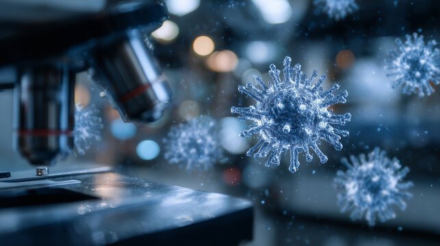 Futuristic bio-lab rendering of coronavirus cell models in blue suspended in transparent nutrient fluid, background features blurred microscope optics