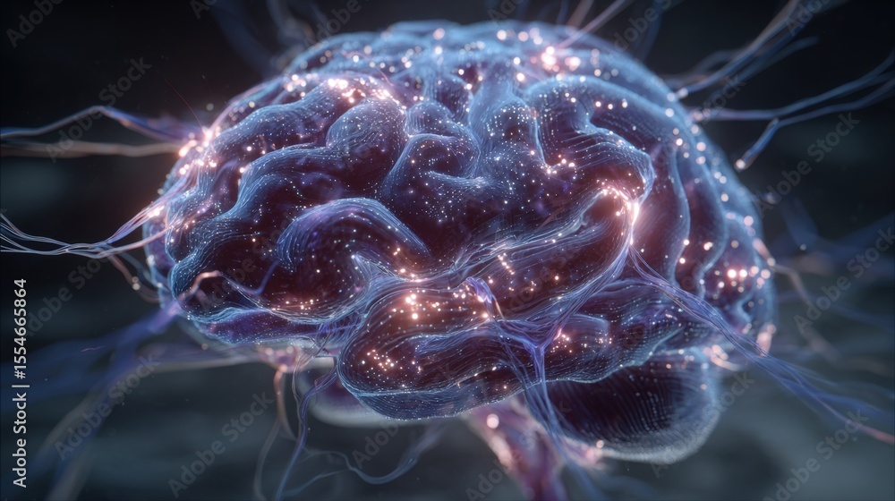 Poster a brain with a lot of blue and red lights surrounding it. the brain is surrounded by a lot of wires 