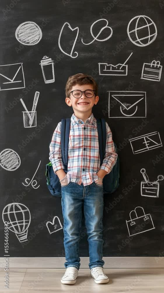 Poster happy elementary school student with backpack and glasses smiling in a classroom in front of a black