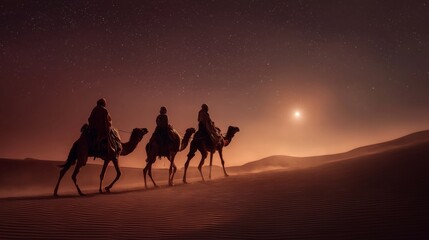 Three wise men journey through the desert at night on camels following a bright guiding star