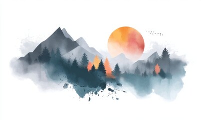 The mountain range, with pine trees set against a soft sunrise or sunset sky, is the subject of a watercolor landscape painting that features a misty atmosphere to create depth and tranquility