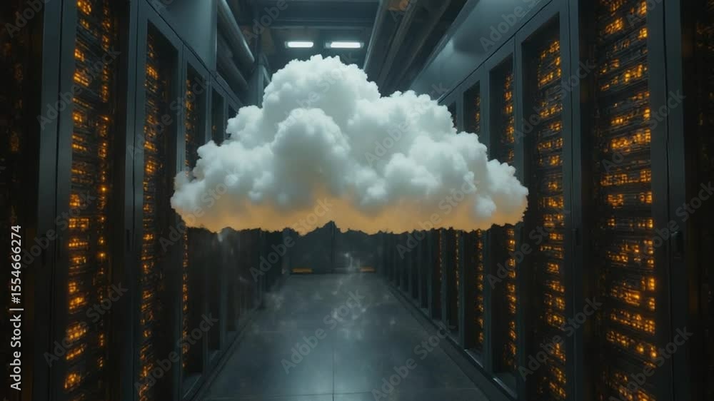 Poster floating cloud in server room data storage concept