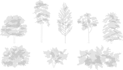 Trees and bushes in elevation view for use in architectural drawings