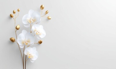 A soft floral design is created by arranging elegant orchid flowers, green leaves, and buds symmetrically on a white backdrop