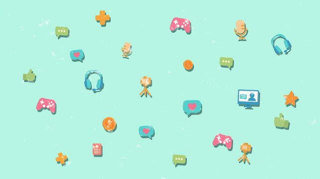 Looping animation of streaming and gaming concept icons, including game controllers, microphones, headsets, chat bubbles, cameras, and monitors on a pastel-colored blue background.