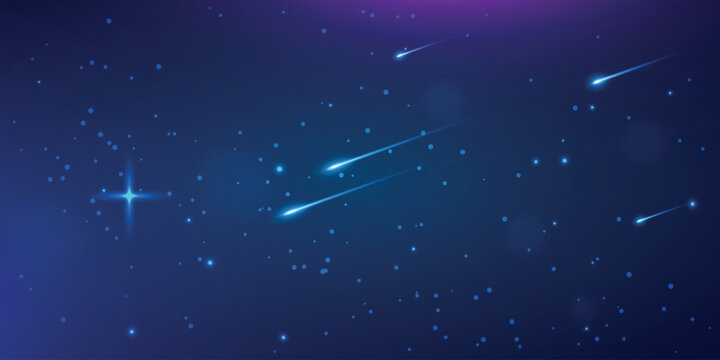night sky background with bright stars and several shooting stars leaving blue trails.