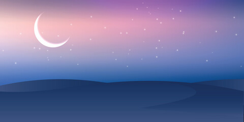 a background of evening or night sky with a gradient transition from pink to dark blue with a new moon and scattered stars. In the lower part there is a silhouette of hills.