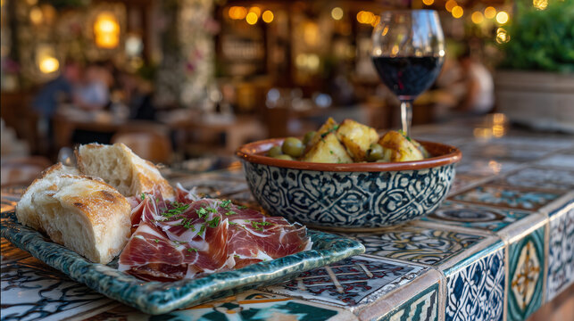 Spanish tapas bar corner table set for two, jam&Atilde;&sup3;n ib&Atilde;&copy;rico draped over crusty bread, patatas bravas in terracotta bowl, sangria with floating fruit slices, with rustic tiles and lau