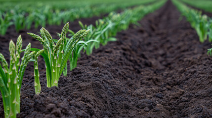 Lush asparagus spears emerging from rich soil in neat garden rows, morning dew glistening on the green stems, surrounded by soft springtime light and fertile farmland textures