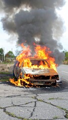 Burning Car Fire Accident Road Disaster.