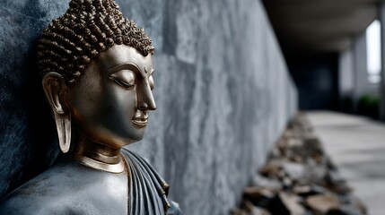 Golden Buddha statue against a gray stone wall