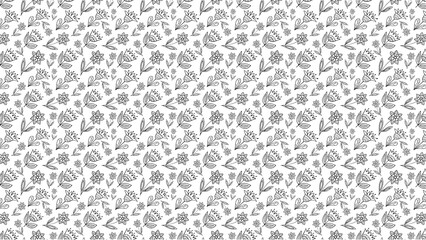 Black and white floral pattern with stylized flowers and leaves in a seamless repeat design