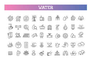 Water line icons set. Linear icon collection