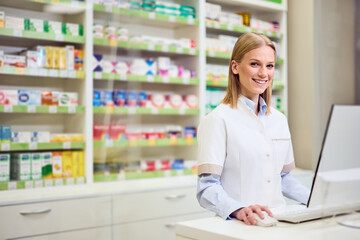 Smiling Pharmacist Assisting Customer in a Modern Pharmacy Environment