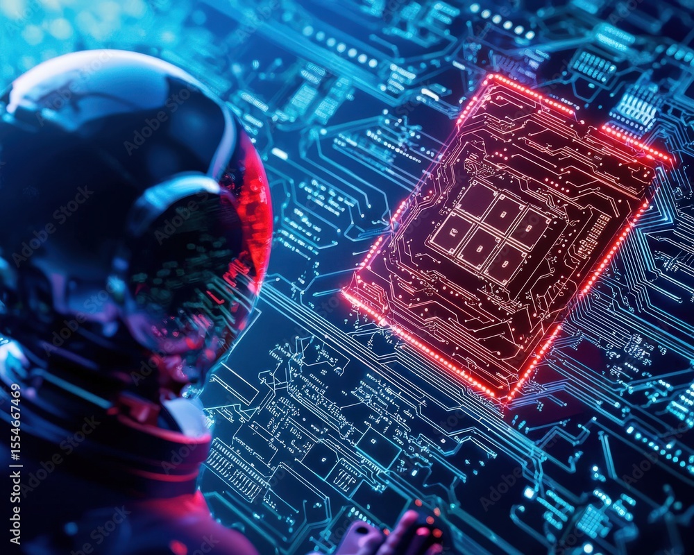 Poster a computer chip with a red light on it is surrounded by a blue background