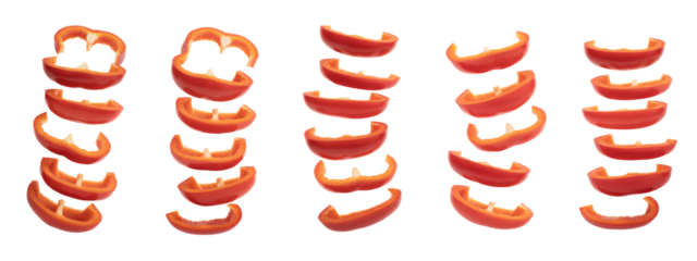Red bell pepper slices creatively stacked present a vibrant food concept against a transparent background for culinary designs.