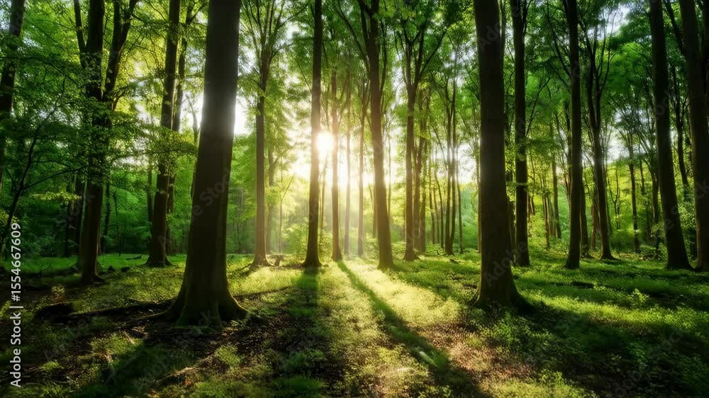 Poster sunlight streaming through lush green forest canopy with trees and shadows, creating a serene and pi