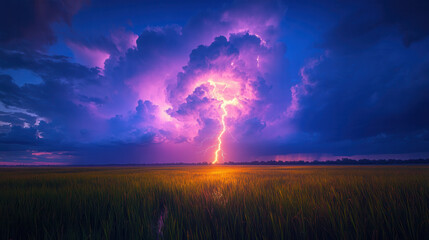 lightning strike over flooded rice fields at twilight