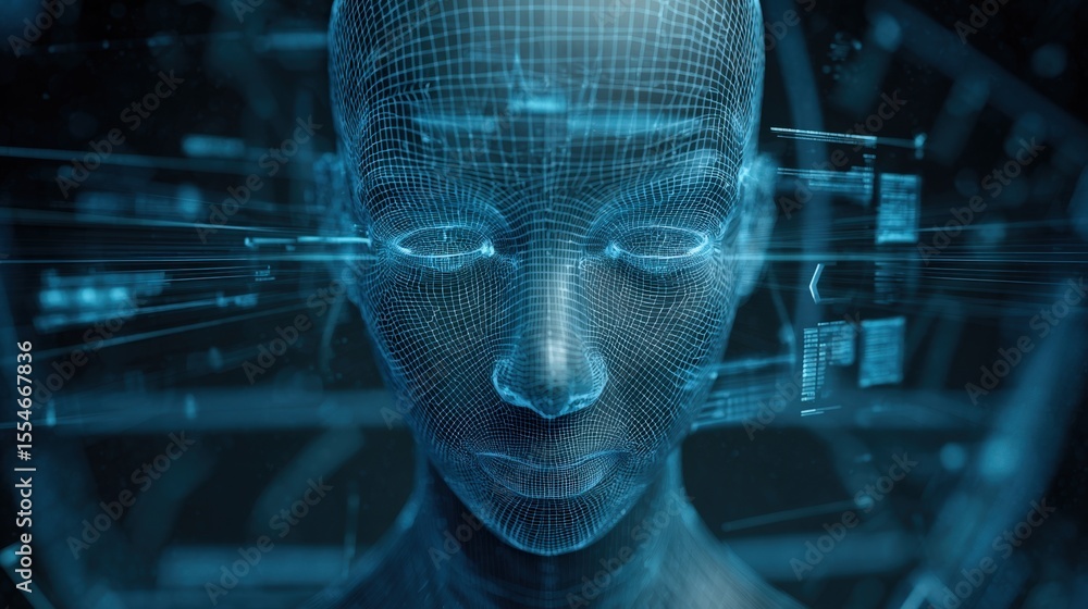 Poster a woman's face is shown in a blue and white computer screen. the face is made up of a mesh of lines 