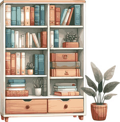 Vector watercolor painted illustration of a bookshelf © Mantella