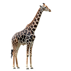 Naklejka premium Standing tall, a magnificent giraffe against a transparent backdrop showcases its unique brown and white patterned coat in striking detail, transparent background