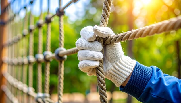 A gloved hand grips a rope net on an outdoor climbing structure.
