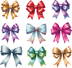 Set of Beautiful watercolor illustrations of colorful happy party gift bows isoltaed on white background