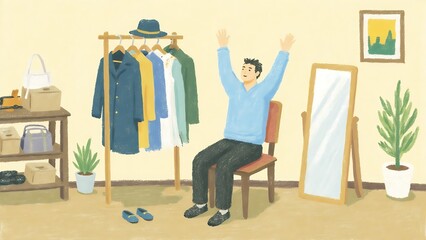 Man happy with clothes, dressing room, fashion, personal style