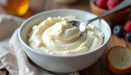Creamy Vanilla Custard Dessert Bowl with Fresh Berries on Wooden Table - Mouthwatering Homemade Custard Recipe Served with Sweet Cream Topping and Honey for an Inviting Afternoon Tea Delight