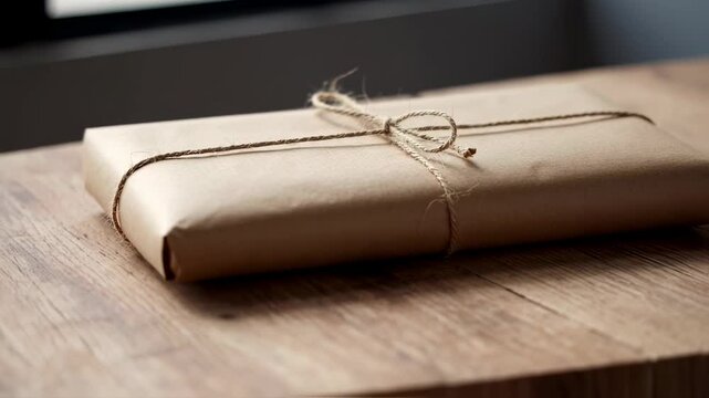Brown paper parcel tied with string rests on wooden table