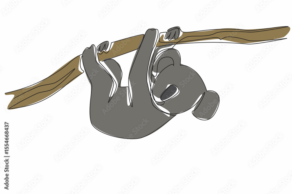 Poster single continuous line drawing koala hanging upside down from a tree branch. adorable behavior accom