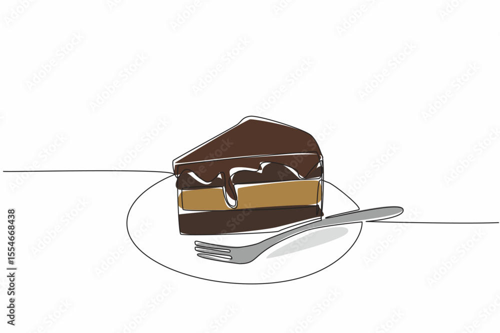 Aufkleber continuous one line drawing chocolate layer cake covered in chocolate on small plate with small fork