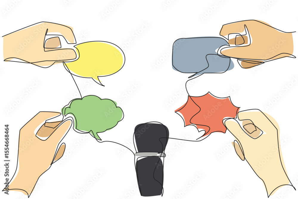 Poster single continuous line drawing a mic in the middle of 4 callouts of various shapes held by hand. soc