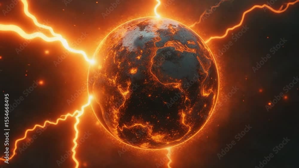 Poster glowing planet with lightning strikes graphic rendering