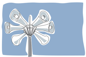 Single continuous line drawing 6 speakers installed in various directions on the tower. Mounted high for a longer reach. Announcement. National Public Radio Day. One line design vector illustration
