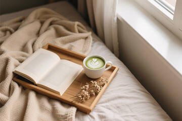 Warm photorealistic top view of peaceful Sunday morning with matcha latte, open book, cozy blanket, wooden tray and dried flowers, soft sunlight and natural textures