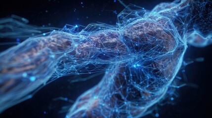 A blue and white image of a human body with a blue and white background. The image is abstract and has a futuristic feel to it