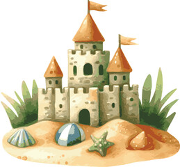 Vector watercolor painted illustration of a castle in the sand